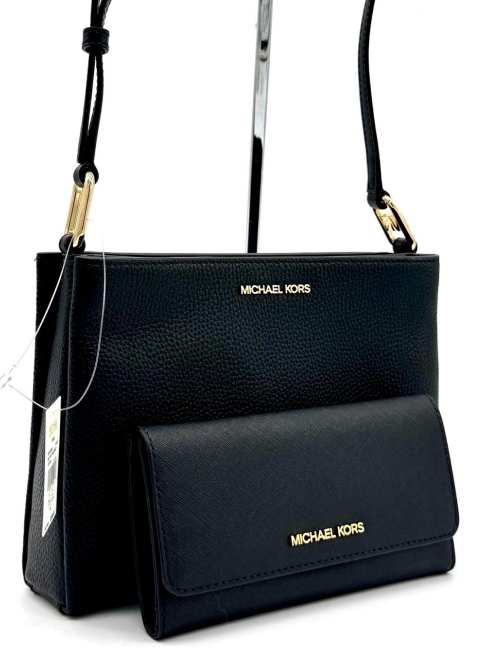 Michael Kors Trisha Medium Crossbody Bag w Matching Trifold Wallet Black/Gold